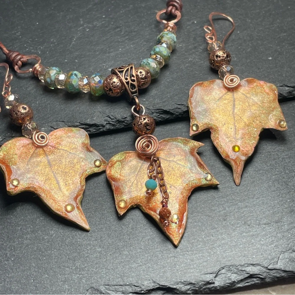 Autumn Leaf Jewelry Set Fairycore Earrings And Pendant | Artisan Jewelry